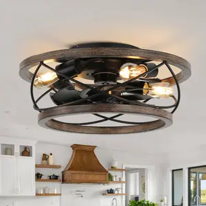 17.7" Low Profile Distressed Metal Caged Reversible Ceiling Fan with Remote and 4 Lights, AC Motor 3 Speeds Low Noise Fan with Lights for Home Decoration