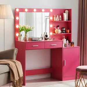 46.45 IN Makeup Vanity Desk with Mirror and Lights, Dressing Table with 2 Large Drawer&Large Vertical Organizer, 3 Level Dresser & 3 Lighting Modes Adjustable Brightness, Suitable for Bedroom