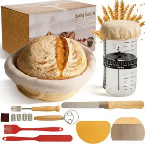 Banneton Bread Proofing Basket with 24oz Starter Jar -Round Cotton Rope Rising Basket with Bread Knife, Dough Scraper, Cloth & Liners - Complete Gift Kit for Sourdough and Artisan Bread Making