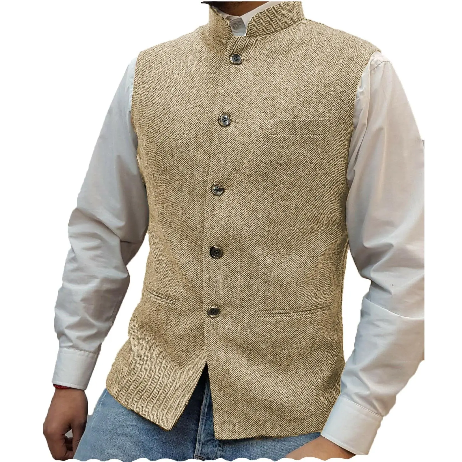 Men's Red Herringbone Vest, Slim Fit High Collar Waistcoat in a Polyester Blend, Business Casual Formal Wear for Weddings, Menswear, Matching