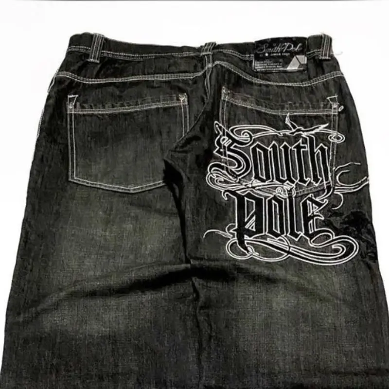 Women's Denim Embroidered Jeans Bottoms, Euro-American Hip-Hop Street Denim Style, Loose Cut Letter Print Wide-Leg Vintage Pants with Pockets