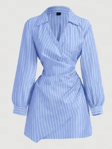 Blue Striped Long Sleeve Dress for Women, Cross Pleat Design, Professional, Thanksgiving Shirt, Christmas Gown, Beachwear, Chic