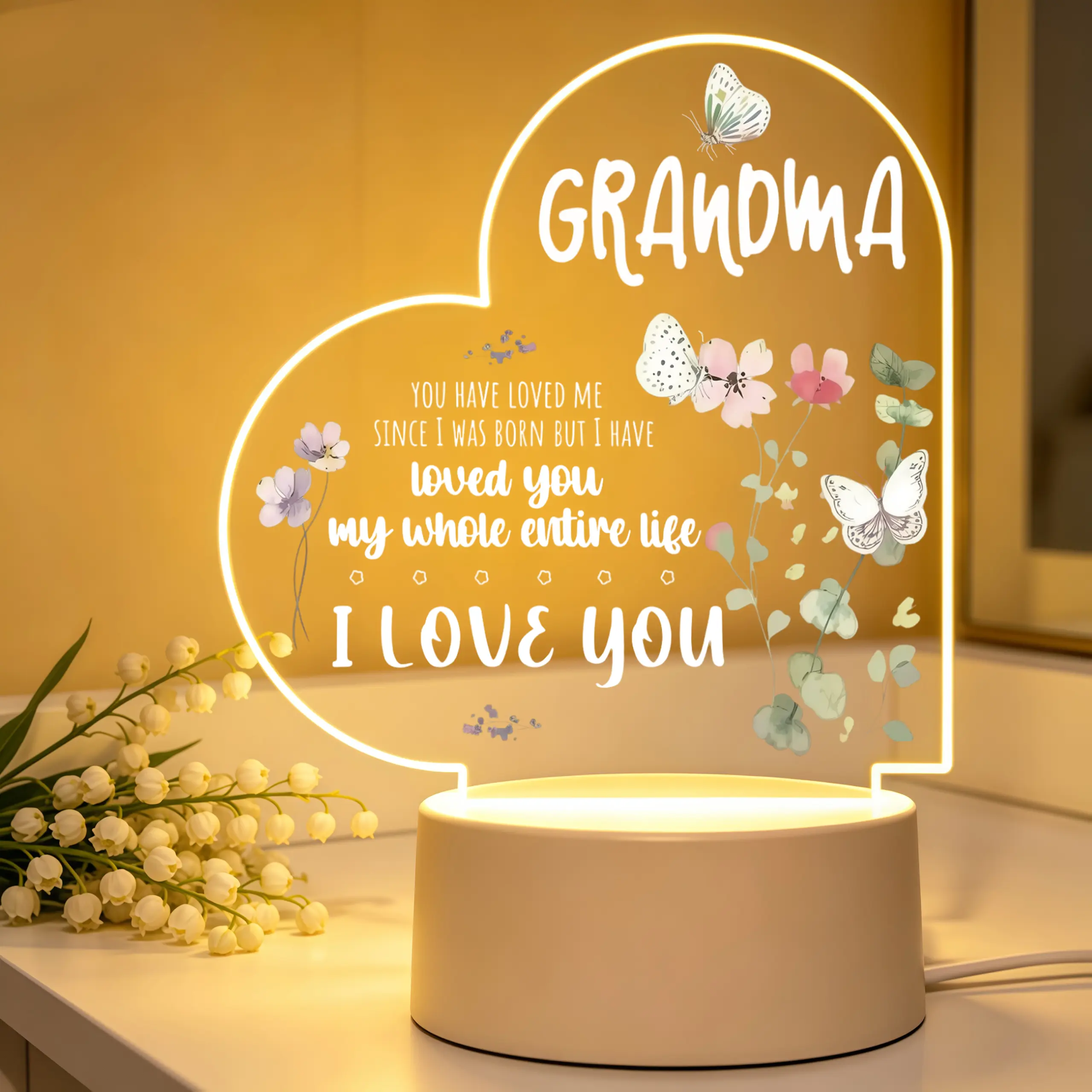 Heart Floral Butterfly Acrylic LED Night Light for Grandma with Loving Quote Mother's Day Birthday Sentimental Gift