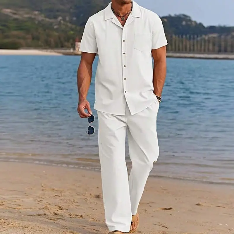 Men’s summer set including a Cuban collar shirt and wide-leg pants, casual outfit suitable for the beach, vacations, and everyday wear.Waist measurement: Stretch the waist horizontally until it is taut.