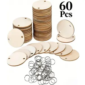 60pcs 2 Inch Round Wooden Tags, Unfinished Blank Wood Pendants with 2 Holes, DIY Handmade Wedding Christmas Decorations
