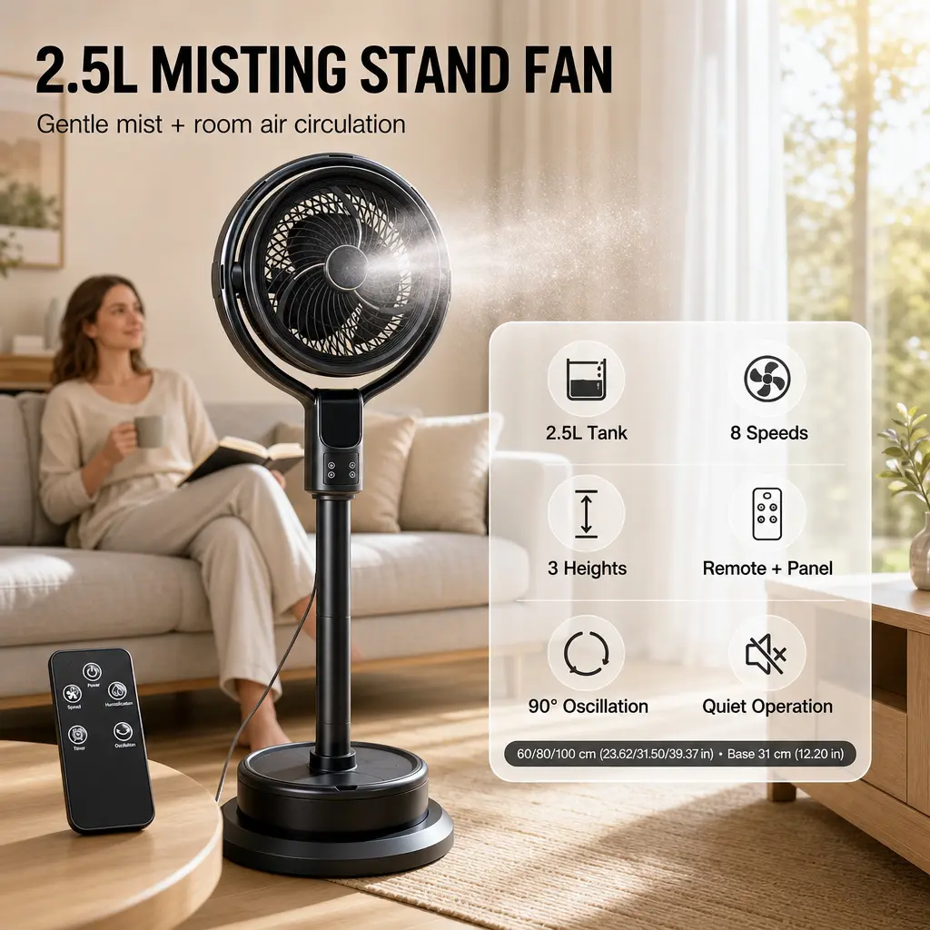 TAZTIR Mist Fan, Adjustable-Height Pedestal Fan, Large-Tank Mist Cooling, Air Circulation Fan, 8-Speed Adjustment, Oscillation, Timer, Humidifying, And Quiet Operation; Floor Fan With Remote Control, Suitable For Homes, Bedrooms, Patios And Outdoor