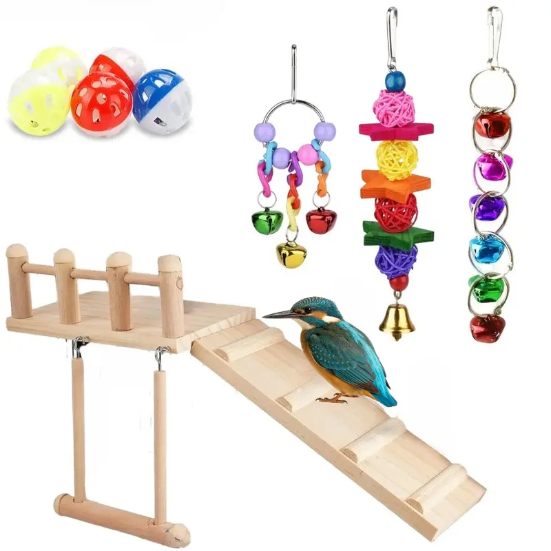 1Set Bird Perches Platform Swing with Climbing Ladder, Parakeet Cage Accessories Wooden Playing Gyms Exercise Sturdy for Small Birds