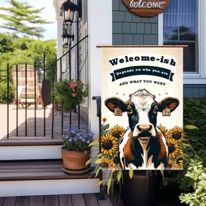 1 2D flat courtyard flag - Outdoor decoration - Welcome Cow and Sunflower pattern design - Double-sided country farmhouse courtyard flag with a welcome cow on it. It is very suitable for decorating your interior or room, garden, without flagpoles