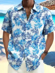 Men's Hawaiian Coconut Tree Aloha Button Shirt, Casual Fitted Short Sleeve Top, Summer Fashion, Comfortable Daily Wear