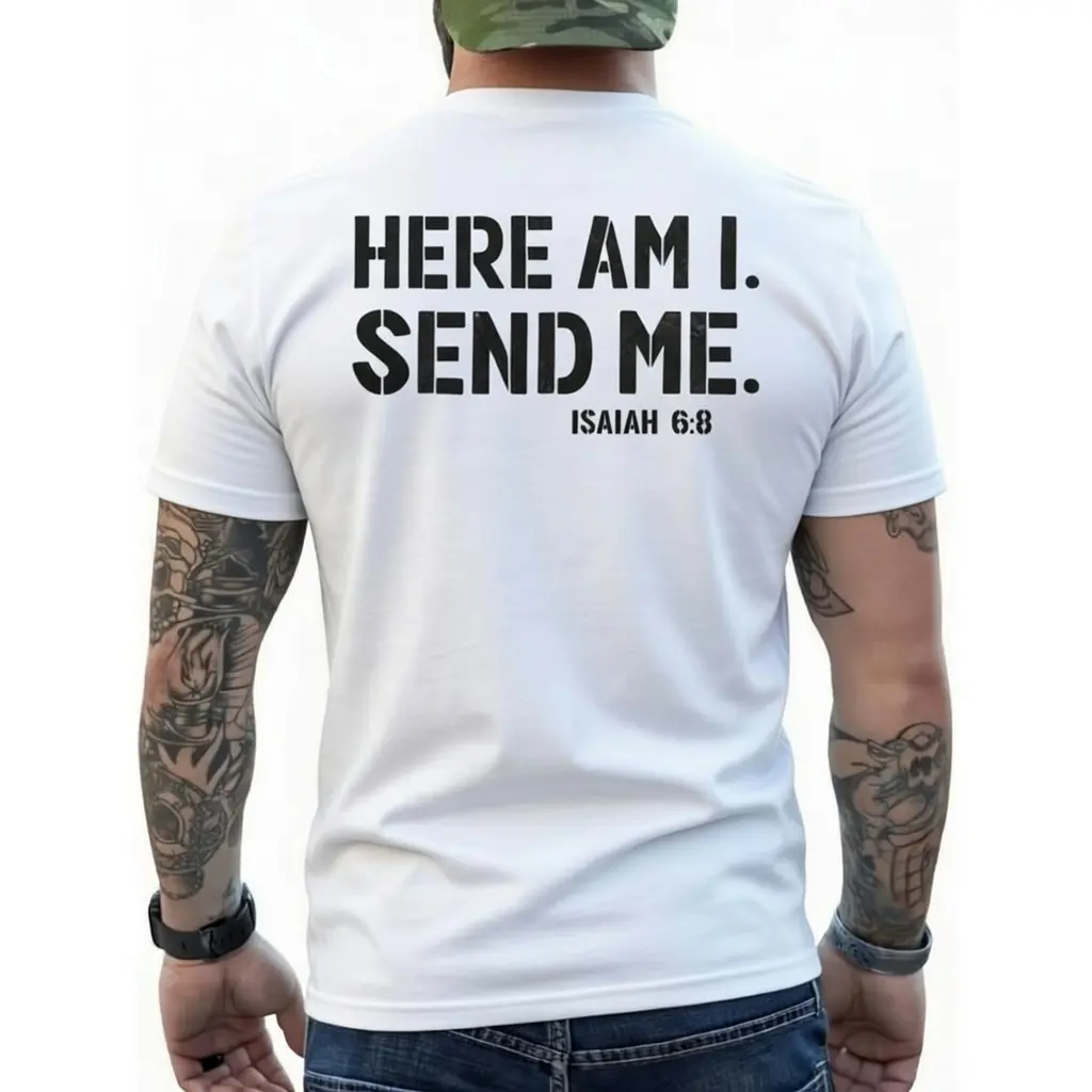 Christian Men's T-Shirt, "Here Am I Send Me" Faith Graphic, Soft Cotton Shortsleeve Round Neck, Isaiah 6:8 Bible Verse Gift, Tee, Tshirt, Streetwear, Casual, Fabric, Loose, Mens Gifts, Men's Wear, Dad Gift