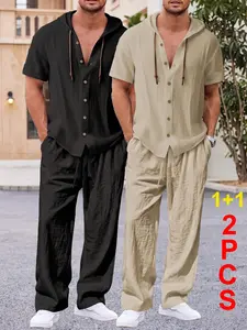 Men's 2-Piece Summer Set,Hooded Shirt & Pants Bundle,Breathable Beach Casual Outfit,Lightweight Lounge Set summerwins
