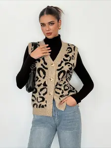 Fashionable Elegant Comfort Outdoor Women's Tops Colorblock Leopard Print Button V-Neck Knit Cardigan Sweater Vest, Spring Fall Winter Casual Wear Essential