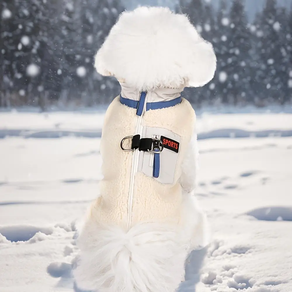Quick-Dry Dog Coat with Leash Attachment - Easy Zipper Closure, Soft Warm Winter Jacket for Small & Medium Dogs - Beige/Blue Accent Outfit - Cold Weather Pet Clothing for Walks, Vet Visits, Photo Shoots - Hand Wash Only, Dog Winter Coat