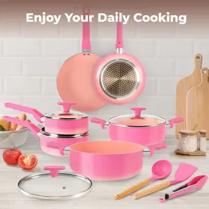MGKKT Ceramic Cookware Sets 17 Pcs Non-Stick Pot and Pan Set with Oil Polymerization Design Healthy Non-Toxic Cooking RV Camping Stackable PTFE/PFOA Free Pink blackfriday black friday deals 2025 TiktokShopBlackFriday