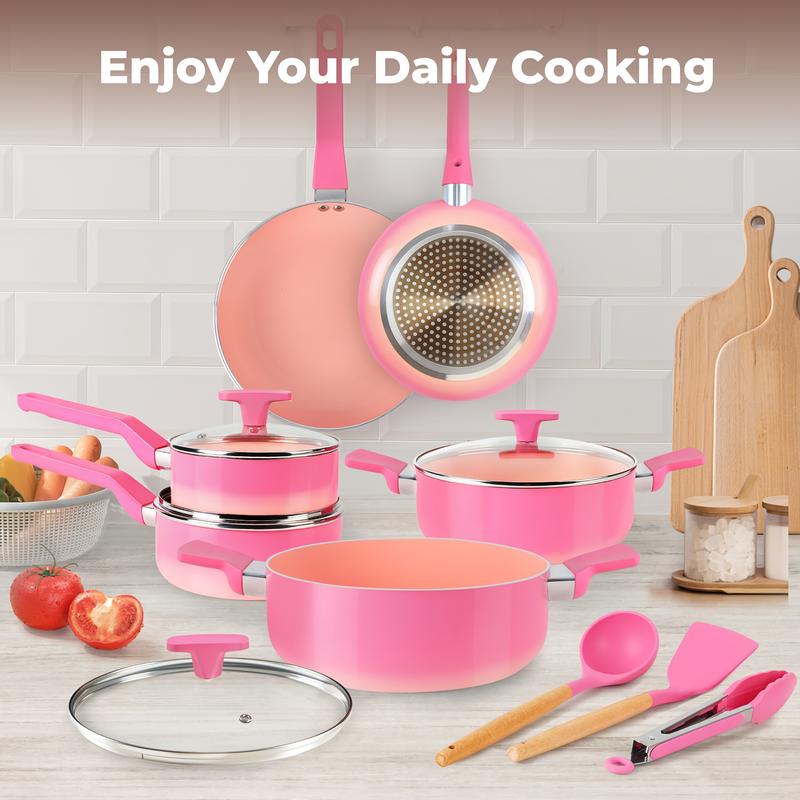 MGKKT Ceramic Cookware Sets 17 Pcs Non-Stick Pot and Pan Set with Oil Polymerization Design Healthy Non-Toxic Cooking RV Camping Stackable PTFE/PFOA Free Pink blackfriday black friday deals 2025 TiktokShopBlackFriday