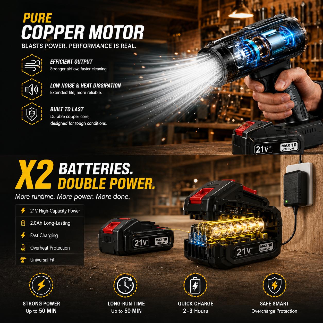 Cordless Portable Turbo Jet Blower with Brushless Pure Copper Motor, 2 Batteries, Multi-Use Air Duster for Car Detailing, Keyboard Cleaning, Power Tool for Garden Maintenance Holiday Gift