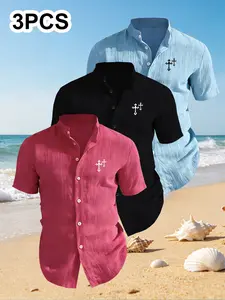 3-Pack Men's Summer Short Sleeve Shirts, Chest Print Design, Lightweight Breathable Solid Stand Collar Button Shirt, Ideal for Beach Poolwear