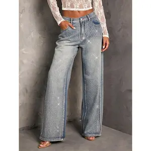 Women'sRhinestoneWide-LegJeans,Mid-WaistStylishWide-LegPants,Heavy-DutyFull-RhinestoneDenimTrousers,SuitableForAllSeasons