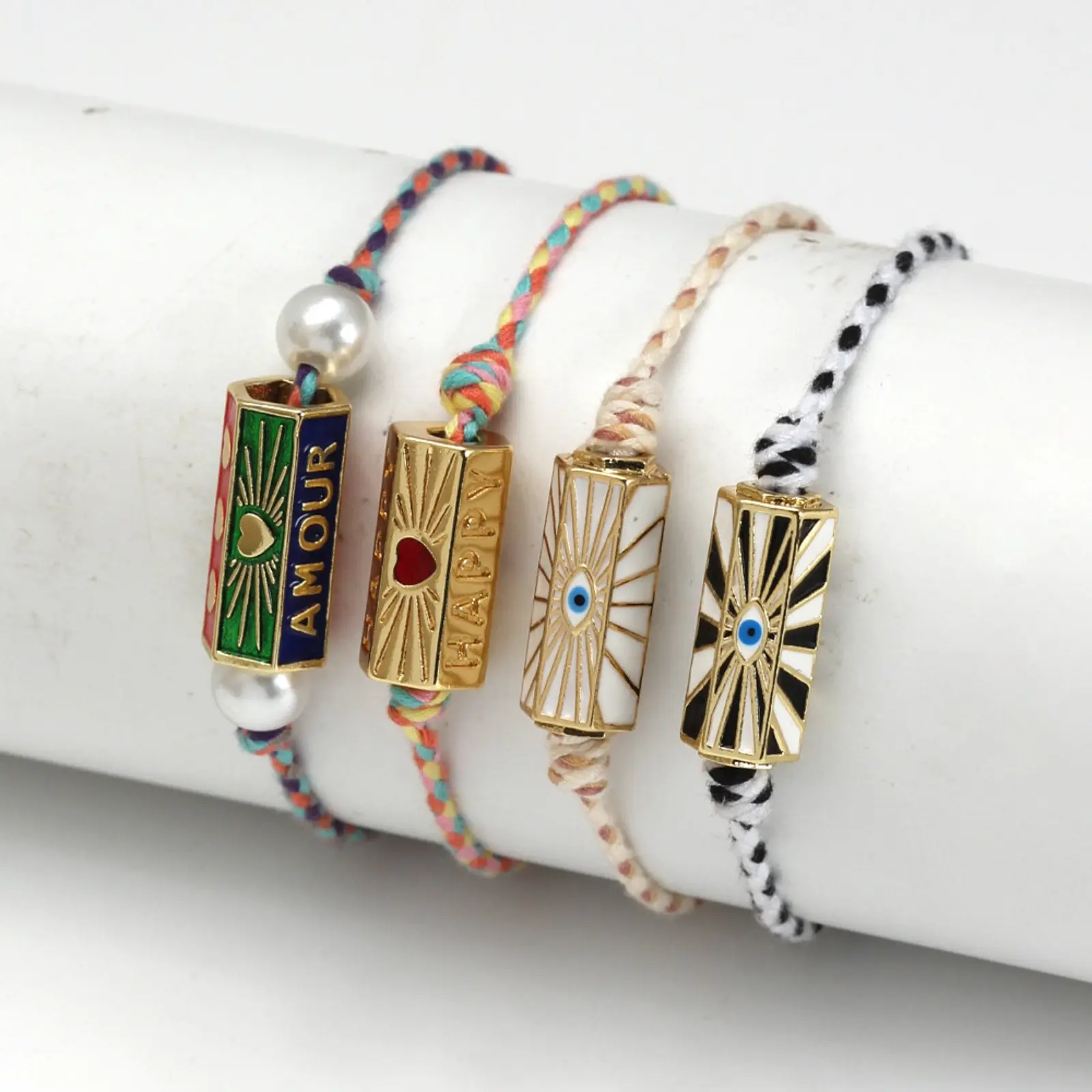Unisex Evil Eye Bead Bracelet, Handmade Ethnic Fabric Cord with Hexagon Bead, All-Season Sports & Outdoor Accessory, Bead Bracelets