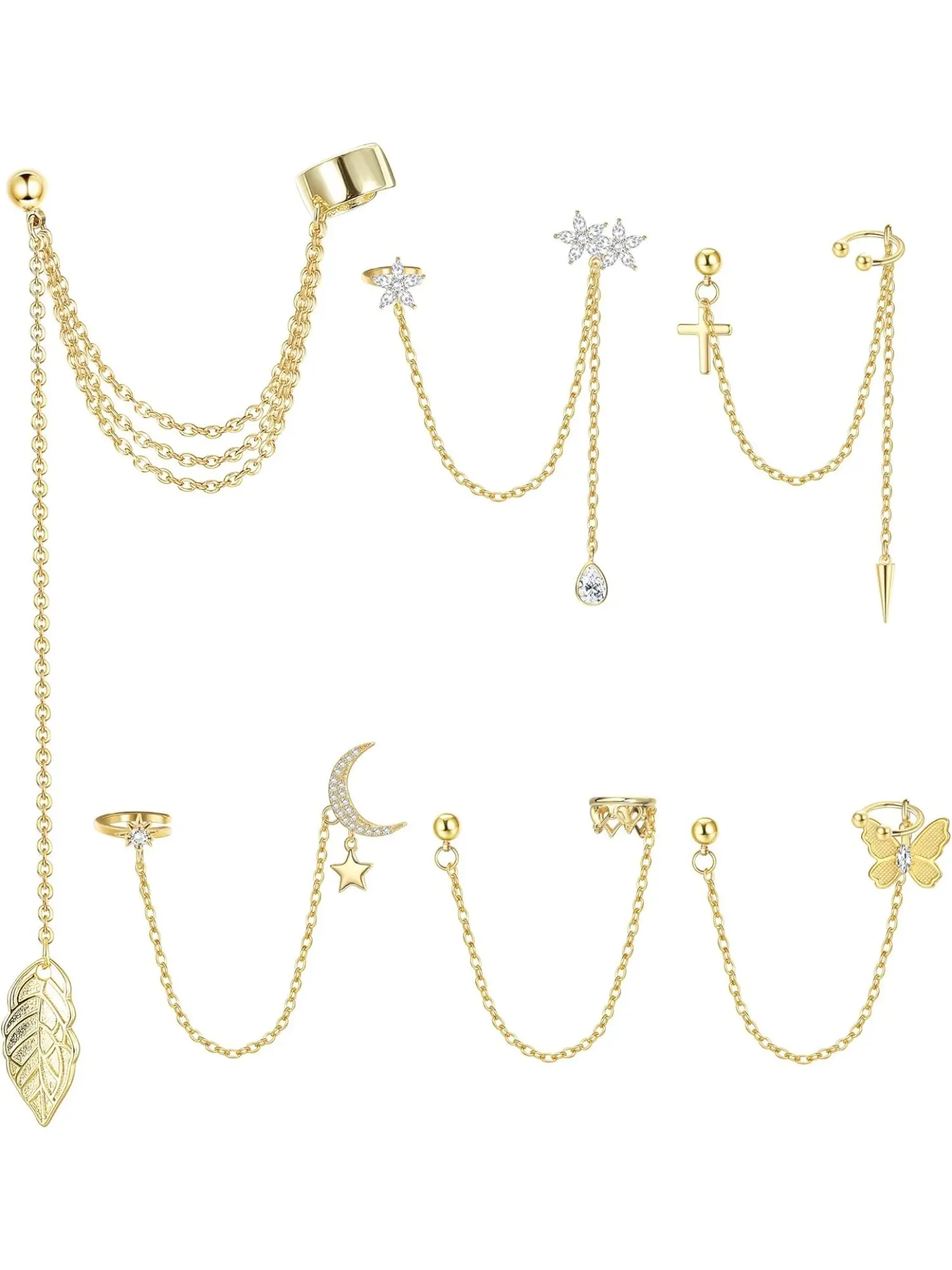 6 Pcs Ear Cuff Moon Star Cuff Earrings Chain Butterfly Wrap Clip on Earring Crawler Earrings Dangling Chain Cuff Earrings Dangle Earrings for Daily & Holiday Wear & All Season Ear Accessories