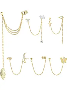 6 Pcs Ear Cuff Moon Star Cuff Earrings Chain Butterfly Wrap Clip on Earring Crawler Earrings Dangling Chain Cuff Earrings for Daily & Holiday Wear & All Season