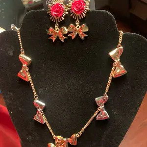 Bows Necklace and Earrings Set with Red Rose and Bow Design for Women's Jewelry. Paparazzi