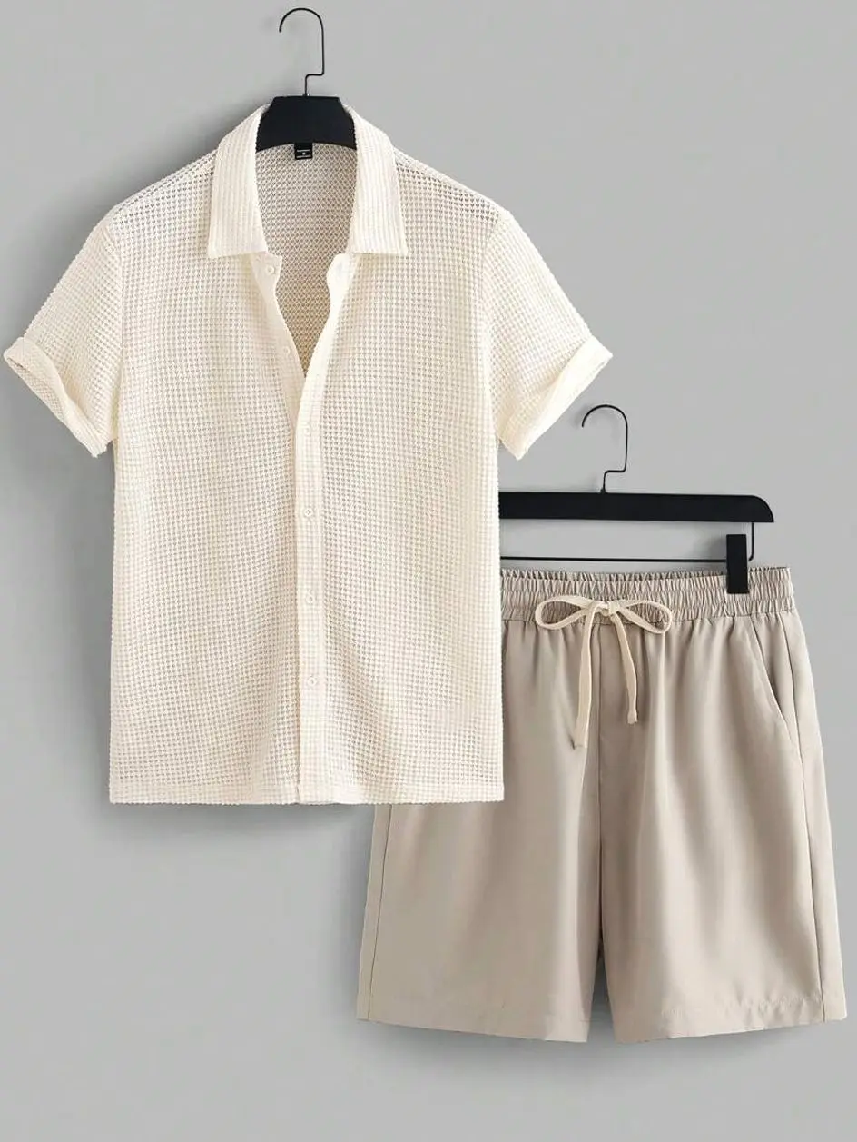 Men's Two-Piece Matching Set, Breathable Short Sleeve Shirt and Shorts Outfit for Summer Travel