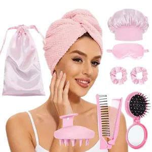 Hair Care Set, Hair Products Set, Coral Fleece Dry Hair Cap with Sleep Hair Cap Comb Spray Bottle Storage Bag Hair Ties Gift Box Combination Set