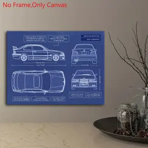 1 piece/set frameless canvas painting print poster, classic minimalist art, performance car E36 M3 blue blueprint, perfect gift for vintage car lovers, bedroom, living room, mural, Versatile wall decor, wall decoration, room decor, Minimalist Prints