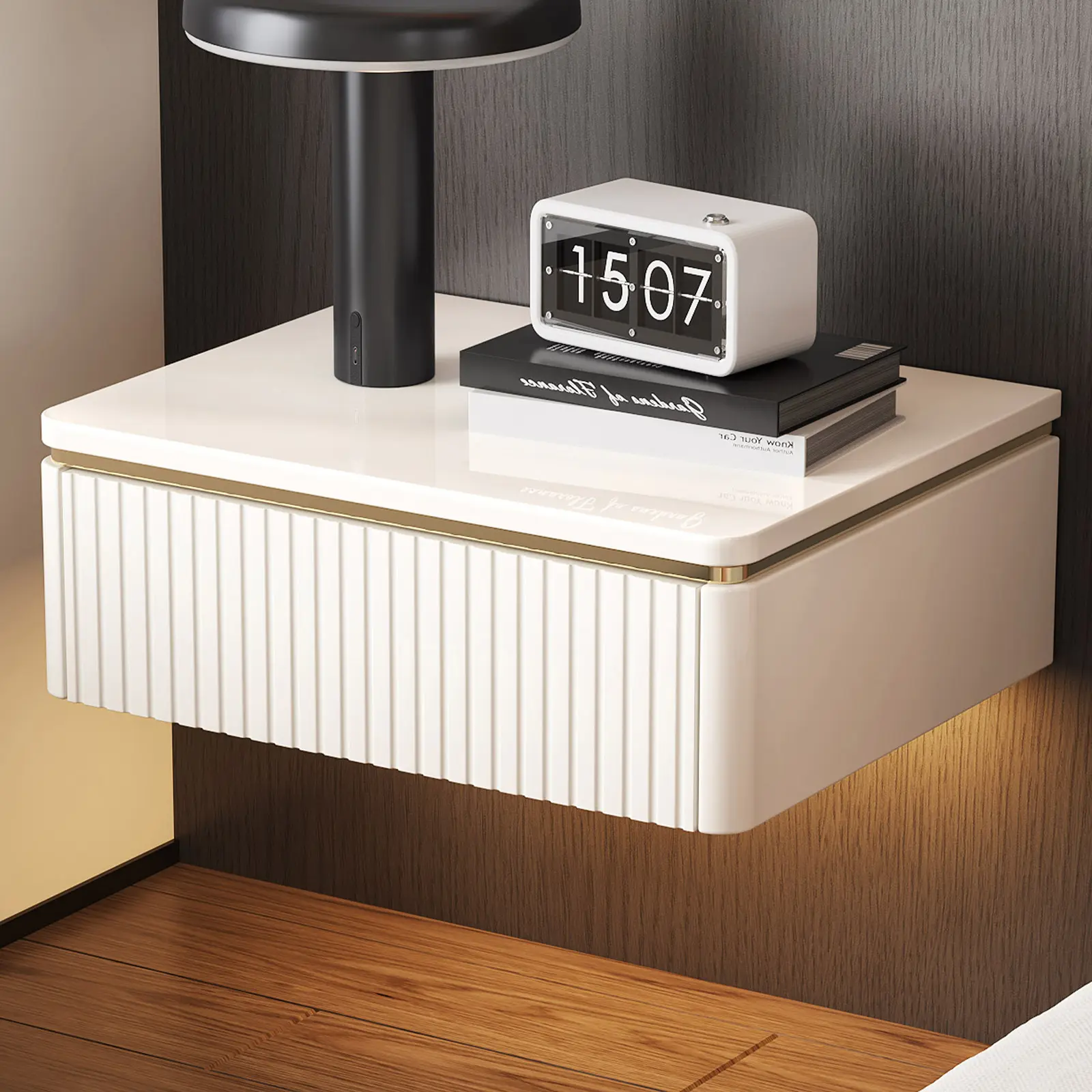 Guyii Cream White Minimalist Floating Nightstand with LED Light - Modern Wall-Mounted Bedroom Bedside Table, Spacious Storage Drawer, Adjustable Height, Durable Surface, Easy Installation, Ideal for Small Bedrooms Home Decor, Floating Shelf, Wall Mount
