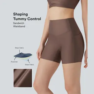 High Waisted Tummy Control Pocket Sheen Running Biker Shorts 5''