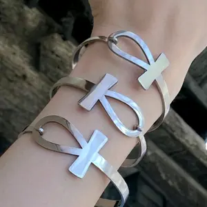 Silver Ankh Bangle Bracelet -Stainless Steel