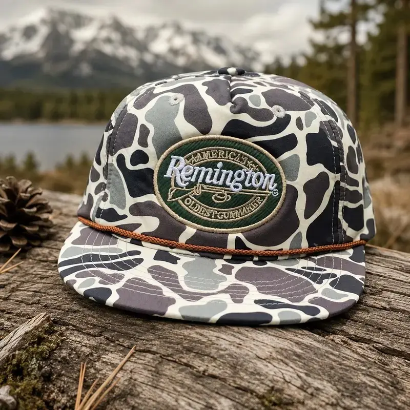 Retro Remington Camo Trucker Hat, Embroidered Hunting Patch Snapback Cap, Duck Camouflage Rope Hat, Flat Bill Outdoor Hat for Men & Women, Fishing Camping Gift