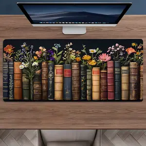 Minimalist Vintage Books & Floral XXL Gaming Mouse Pad, Large Desk Mat, Desk Accessories with Non-Slip Rubber Base, Stitched Edges, Waterproof Surface, Durable Computer Accessory for Gaming Setup, Home Office, Ideal Gift for Gamers, Bookworms