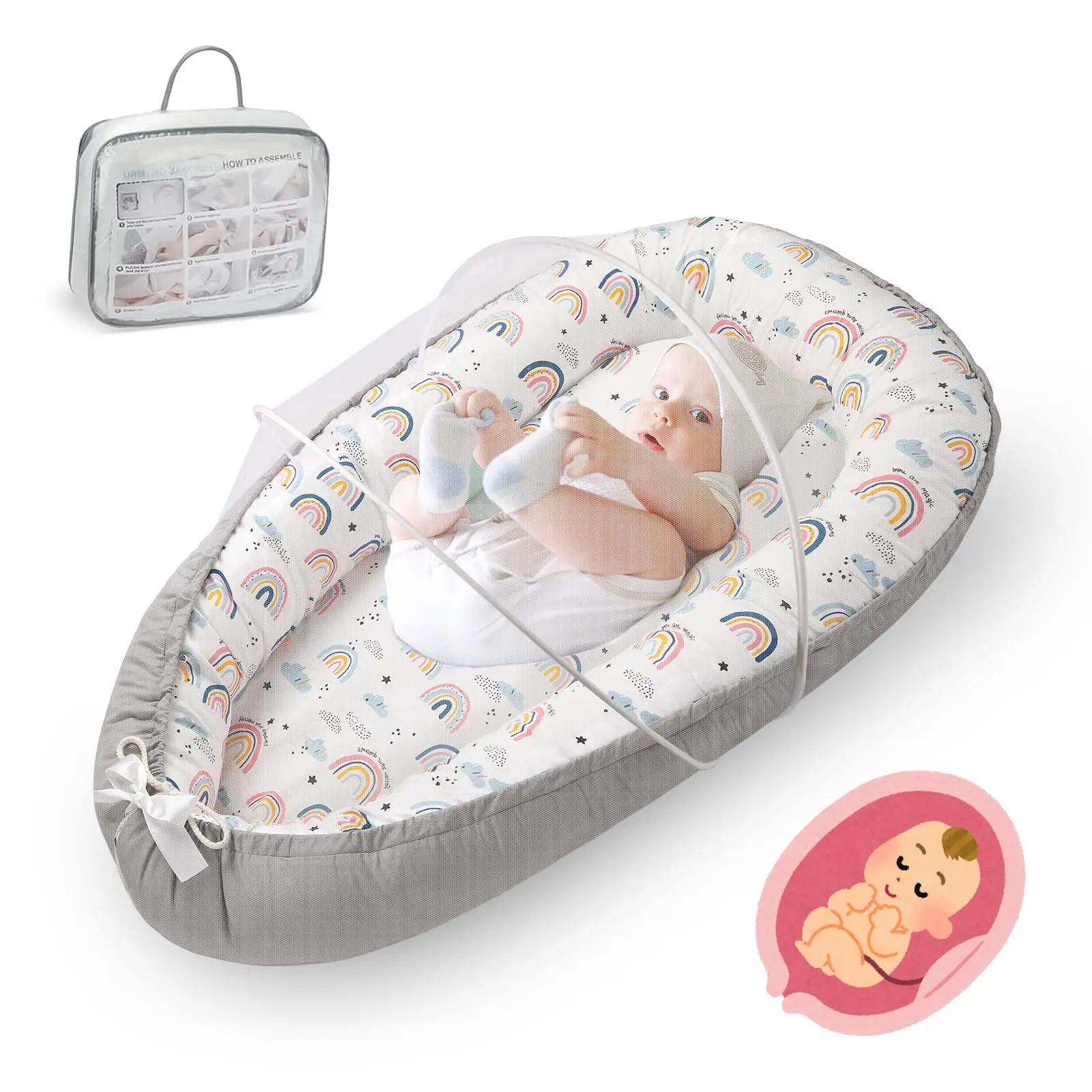 Benazcap Baby Lounger with Detachable Mosquito Net - Cozy & Portable Nest for Newborns (0-24Months)-Perfect for Travel, Camping & Picnics,Sleeping Cot