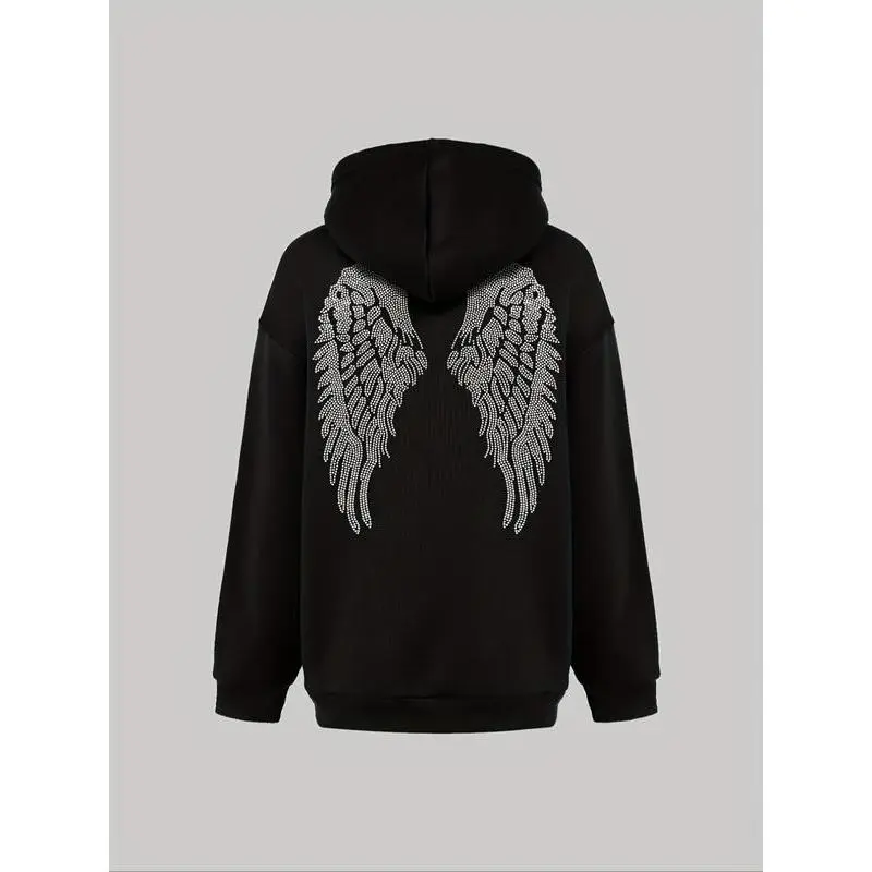 Women's Casual Long Sleeve Hoodie, Rhinestone Wing Pattern Pullover, Loose Fit, Fall & Winter Fashion, Suitable for All Seasons Women's Casual Long Sleeve Hoodie, Rhinestone Wing Pattern Pullover, Loose Fit, Fall & Winter Fashion, Suitable for All Seasons