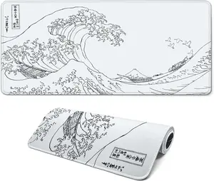 Gaming Mouse Pad, Large 31.5 x 15.7 inches Mousepad, Long Keyboard Pad, Cute Mouse Mat for Computer with Stitched Edges and Non-Slip Base (Japanese Grey White Wave)