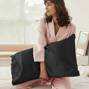 Satin Silk Pillowcas x2 Pack with Hidden Zipper/Envelope, Queen Size 20x30 inches Pillow Cas t of 2, Super Soft and Cooling (Black, Queen (U.S. Standard)-Envelope)