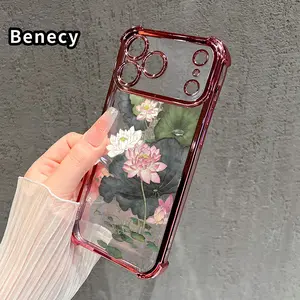 Elegant lotus Flowers Pattern Four Corner Anti-Fall Phone Case Transparent Electroplated Protective Cover for iPhone 17 16 Pro Max 15 Plus 14 13 12 11 E Air