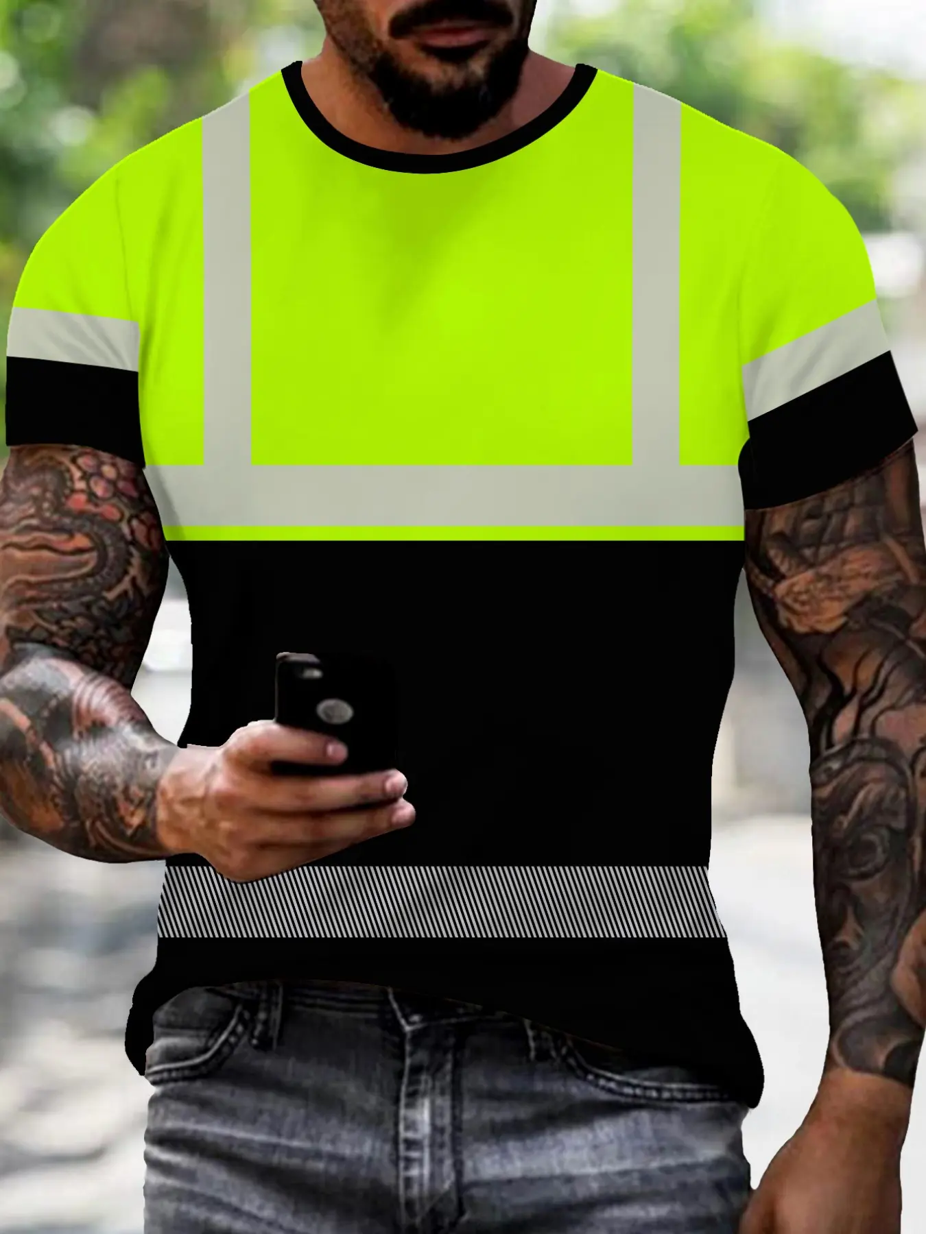 Safety Stripe Reflective Patchwork T-Shirt, Industrial Style Short Sleeve, Fashionable Comfort Design, Perfect for Daily Wear, Ideal Gift Choice
