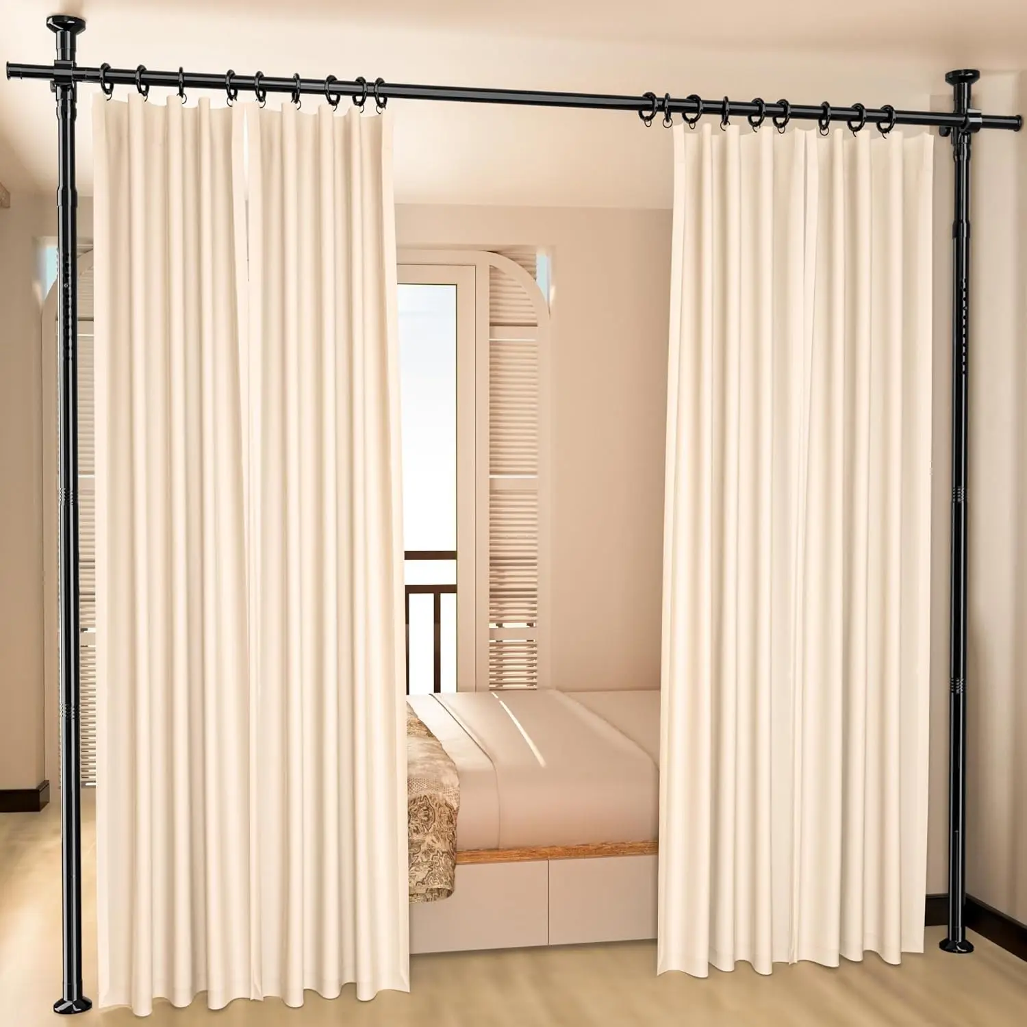 Room Divider, Tension Curtain Rod No Drilling,4-10ft(H) 28-70inch(W) Wall Divider for Room Separation, Heavy Duty Room Partition Separator, Adjustable Folding Privacy Screens,Black