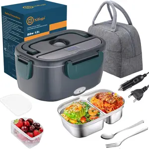 Portable Food Heated Lunch Box Electric Heating Box 80W High Power 1.8L Stainless Steel With Display Screen 12V 24V 110V Multi Voltage Leak Proof Electric Food Container For Office Home Car Truck Outdoor