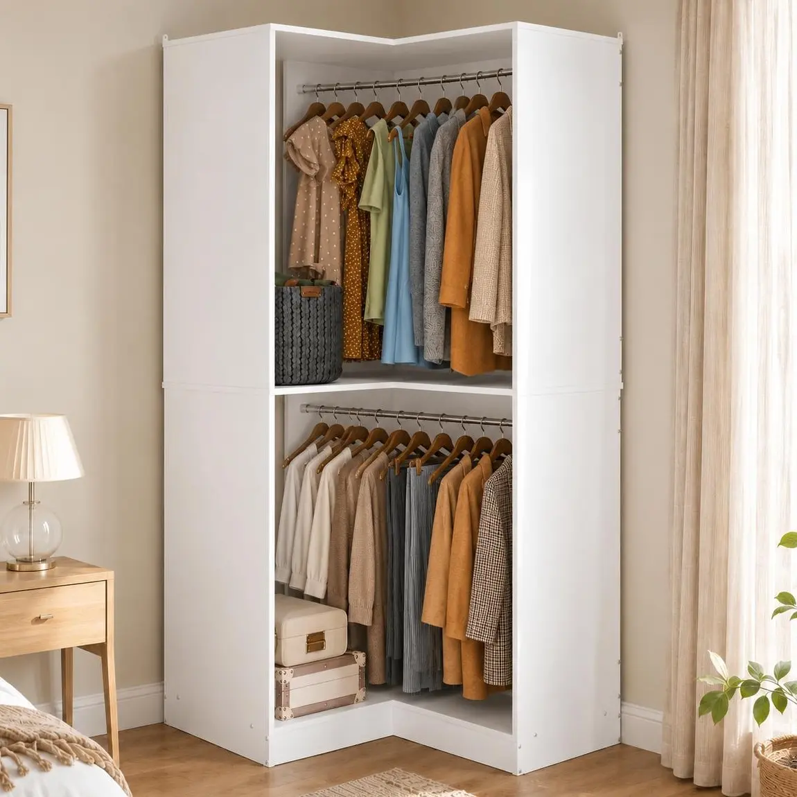 L-Shaped Corner Closet System, Freestanding 31"W Closet Organizer with 2 Hanging Rods & Storage Shelves, 80" Tall Wardrobe for Bedroom, Apartment & Small Spaces