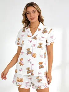 Playful Girl White Teddy Bear Pajama Set for Women, Pjs, Button Down Short Sleeve, Spring Summer Casual Loungewear, Nightwear, Teddy Bear Print, Loose Fit Homewear, Pyjamas