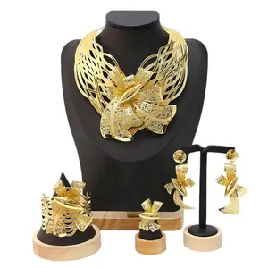 Italian Style Gold Jewelry Set with Intricate Flower Design Necklace Earrings and Ring for Women