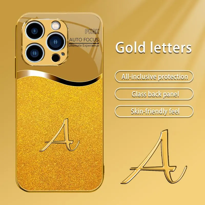 Suitable for [iPhone 16 Pro Max] New high-end gold letter glass mobile phone case New business simple metal paint electroplated gold glass mobile phone case Affordable price Anti-drop and anti-fingerprint 995