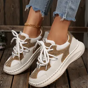 Women's Bling Rhinestone Platform Sneakers Breathable Mesh Walking Shoes, Chunky Sole Color Block Patchwork Trainers, Sparkly Lace Up Casual Fashion Tennis Shoes, Streetwear