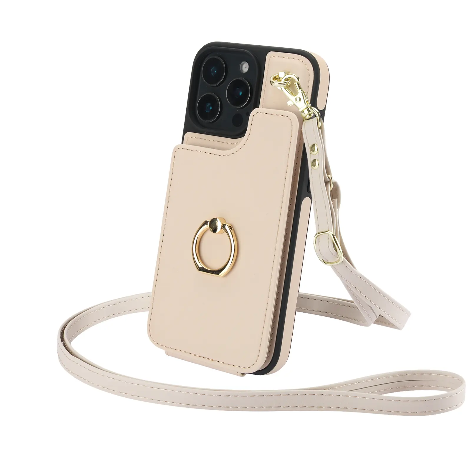 PU Leather Card Holder iPhone Case with 360° Rotation Ring Kickstand,Wallet Card Slots, Shockproof Anti-Drop Full Protective Cover, Adjustable Strap, Multi-Angle Stand,Phone Case for iPhone 13/14/15/16 Series,Daily Travel Card Storage Phone Accessory