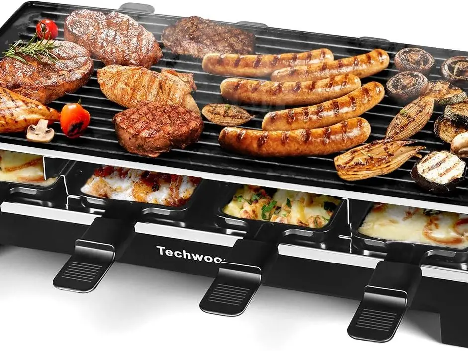 Raclette Table Grill, Techwood Electric Indoor Grill Korean BBQ Grill, Removable 2-in-1 Non-Stick Grill Plate, 1500W Fast Heating with 8 Cheese Melt Pans, Ideal for Parties and Family Fun (Black)
