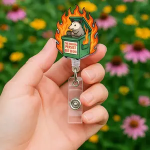 Dumpster Fire Possum Badge Reel - Funny Retractable ID Holder For Nurses And Healthcare Workers - Relatable Work Humor Accessory For Hospital Staff - Cute Gift